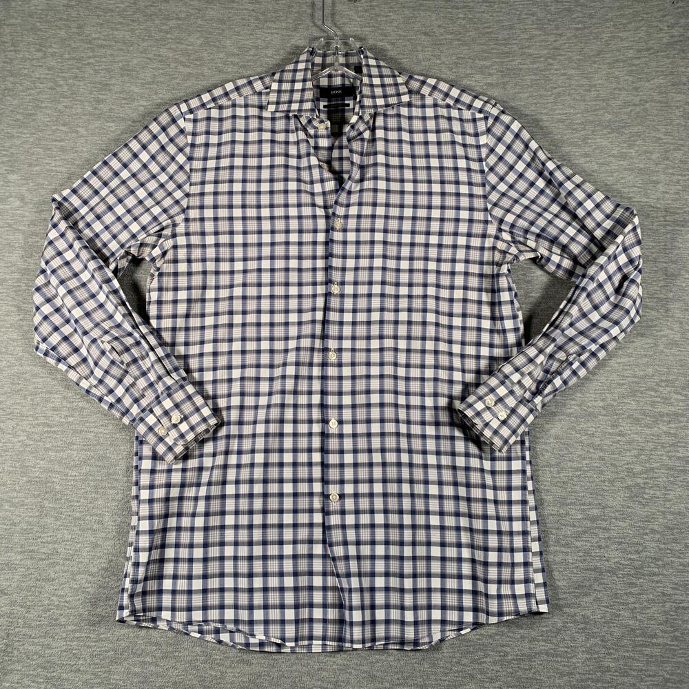 BOSS Hugo Boss Dress Shirt Mens 15.5 32/33 Blue Plaid Slim Fit Long Sleeve